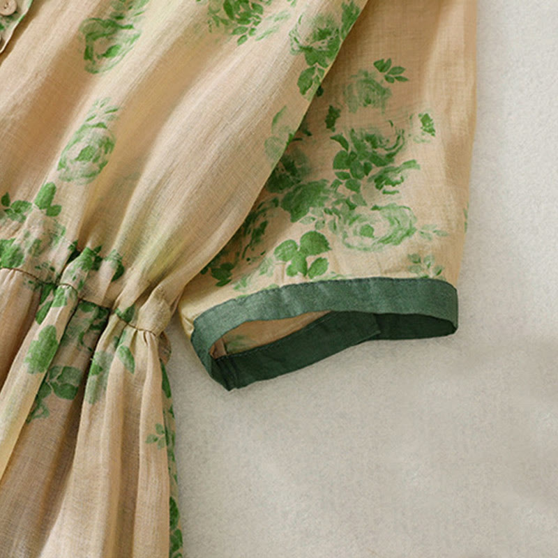Buddha Stones Printing Buttons Drawstring High Waist Short Sleeve Midi Dress With Pockets - image 13
