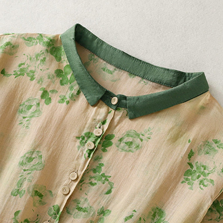 Buddha Stones Printing Buttons Drawstring High Waist Short Sleeve Cotton Midi Dress With Pockets - image 9