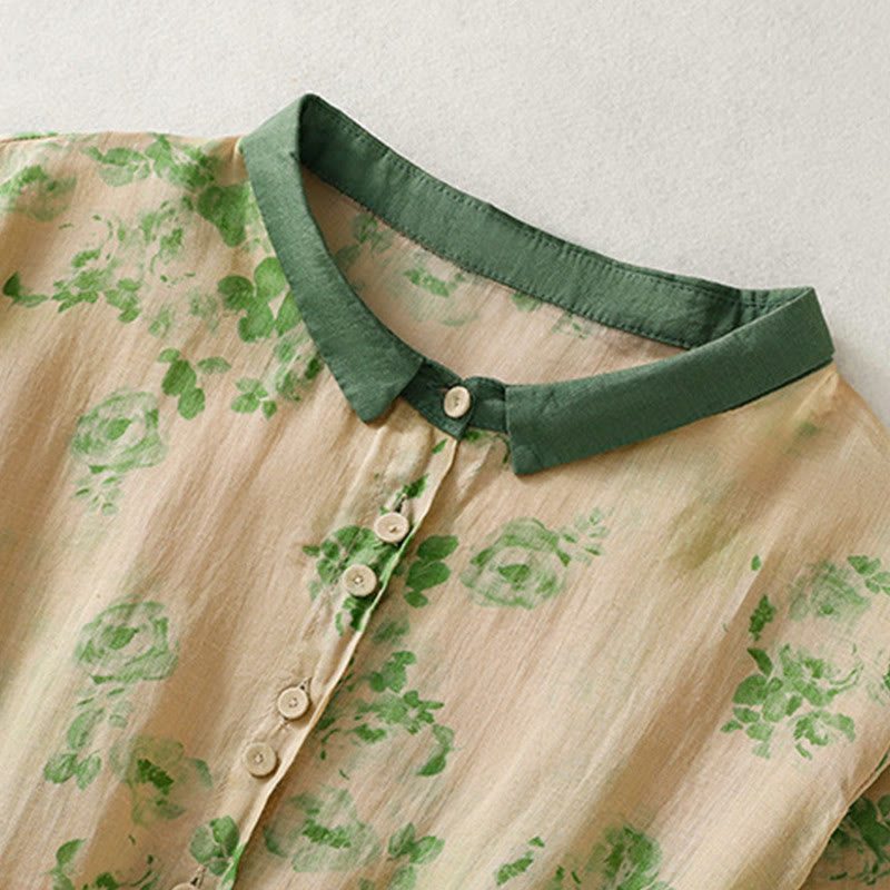 Buddha Stones Printing Buttons Drawstring High Waist Short Sleeve Cotton Midi Dress With Pockets - image 10
