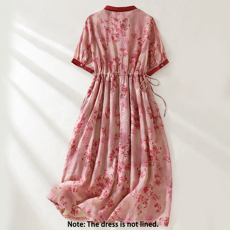Buddha Stones Printing Buttons Drawstring High Waist Short Sleeve Cotton Midi Dress With Pockets - image 2