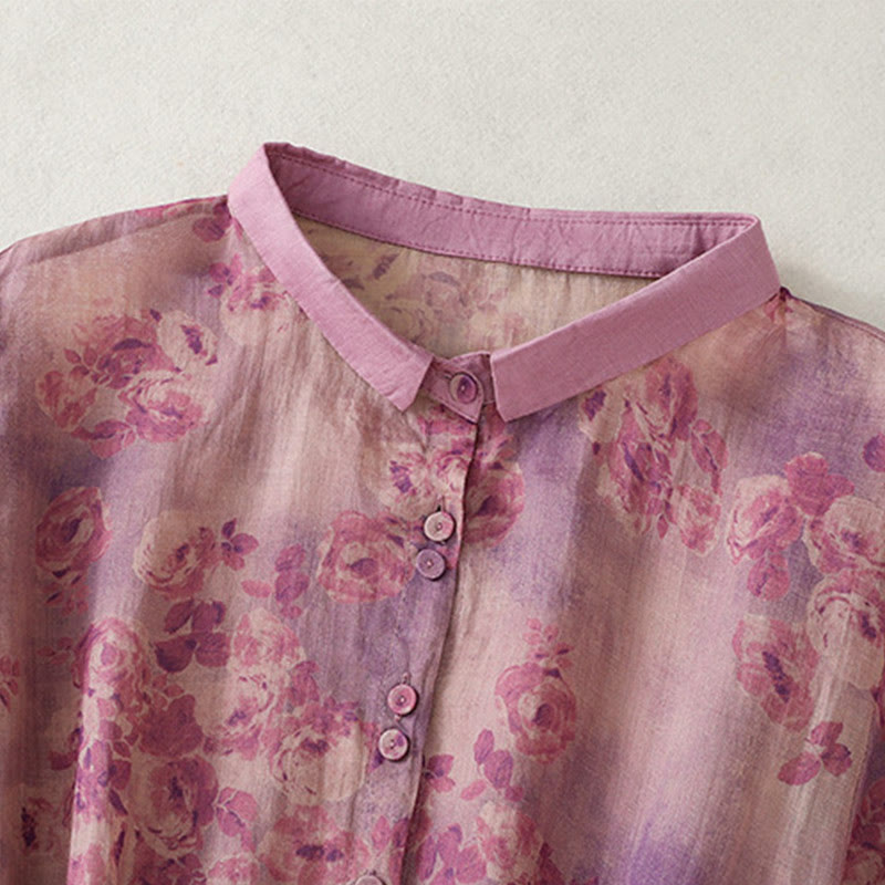 Buddha Stones Printing Buttons Drawstring High Waist Short Sleeve Cotton Midi Dress With Pockets - image 23