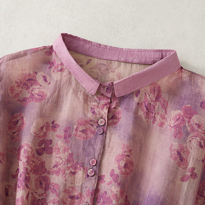 Buddha Stones Printing Buttons Drawstring High Waist Short Sleeve Cotton Midi Dress With Pockets - image 23