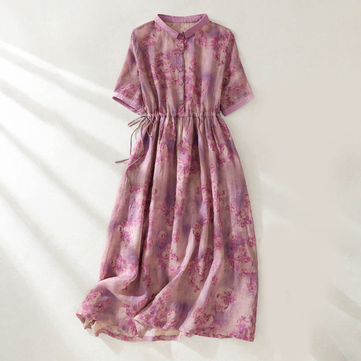 Buddha Stones Printing Buttons Drawstring High Waist Short Sleeve Cotton Midi Dress With Pockets - PaleVioletRed - US8-10，UK/AU12-14，EU40-42 (2XL) - image 21
