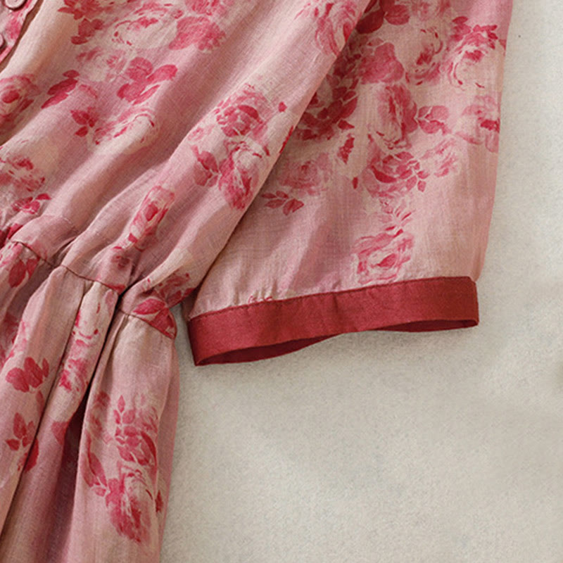 Buddha Stones Printing Buttons Drawstring High Waist Short Sleeve Midi Dress With Pockets - image 5