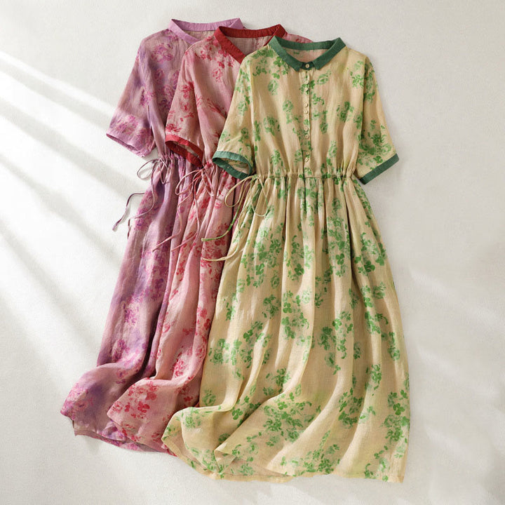 Buddha Stones Printing Buttons Drawstring High Waist Short Sleeve Cotton Midi Dress With Pockets - image 29