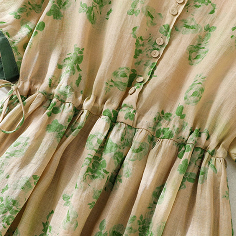 Buddha Stones Printing Buttons Drawstring High Waist Short Sleeve Cotton Midi Dress With Pockets - image 16