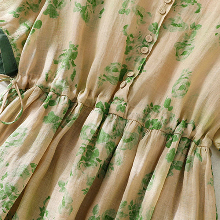 Buddha Stones Printing Buttons Drawstring High Waist Short Sleeve Cotton Midi Dress With Pockets - image 16