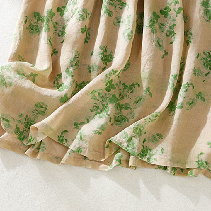 Buddha Stones Printing Buttons Drawstring High Waist Short Sleeve Cotton Midi Dress With Pockets - image 19