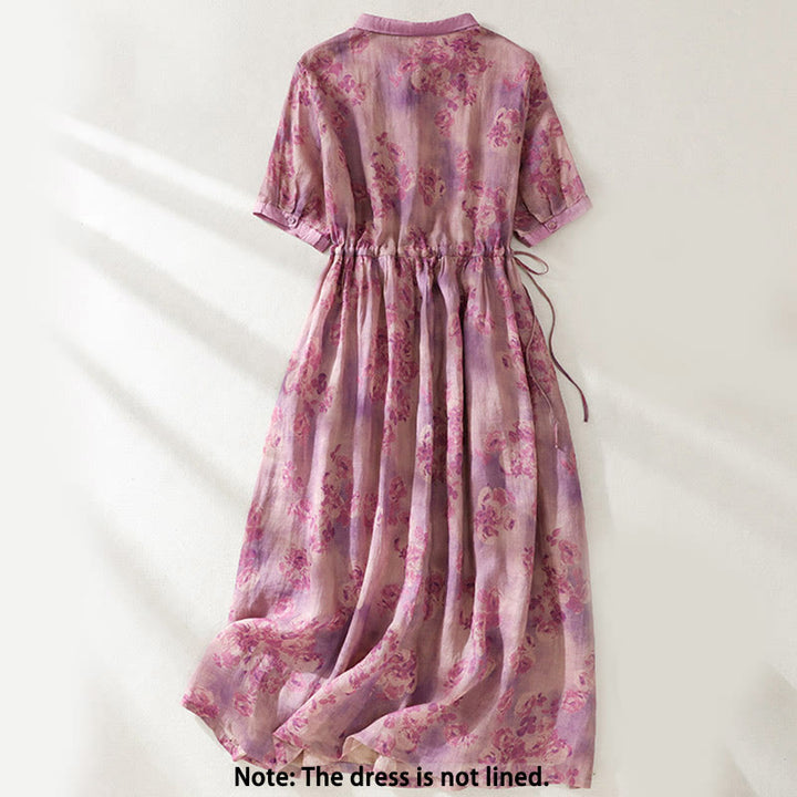 Buddha Stones Printing Buttons Drawstring High Waist Short Sleeve Cotton Midi Dress With Pockets - image 22