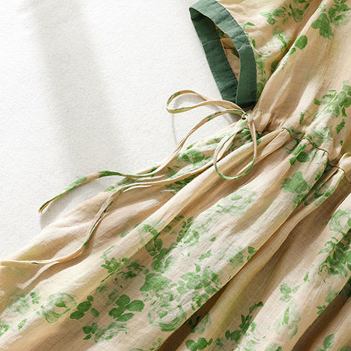 Buddha Stones Printing Buttons Drawstring High Waist Short Sleeve Cotton Midi Dress With Pockets - image 15
