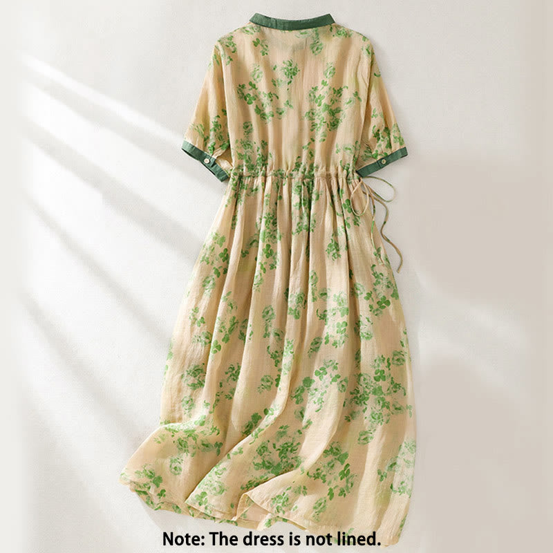Buddha Stones Printing Buttons Drawstring High Waist Short Sleeve Cotton Midi Dress With Pockets - image 9