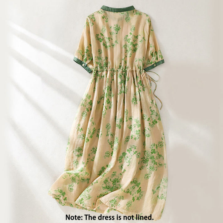 Buddha Stones Printing Buttons Drawstring High Waist Short Sleeve Cotton Midi Dress With Pockets - image 9