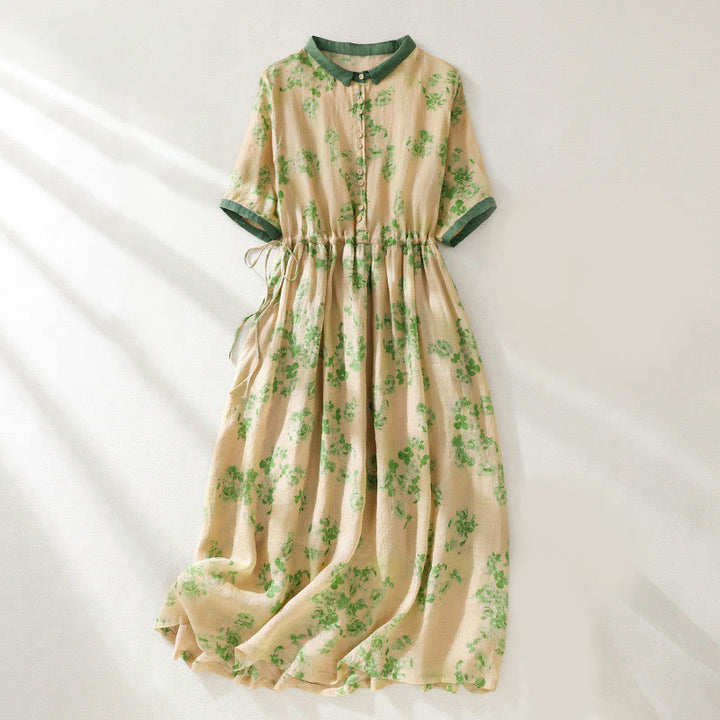 Buddha Stones Printing Buttons Drawstring High Waist Short Sleeve Midi Dress With Pockets - LightGoldenrodYellow - US8-10，UK/AU12-14，EU40-42 (2XL) - image 7