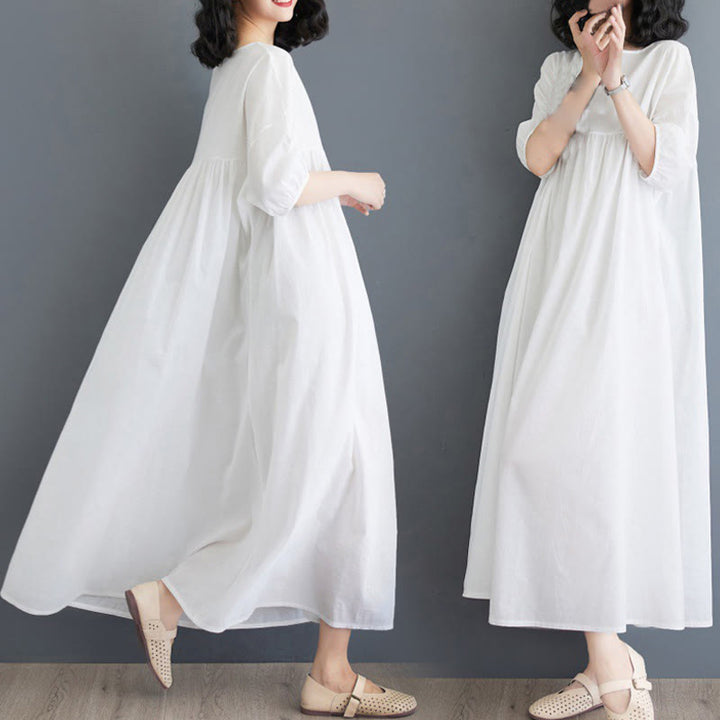 Buddha Stones Solid Color Pleated Design Crew Neck Half Puff Sleeve Cotton Midi Dress - White - US14，UK/AU18，EU46 (2XL) - image 7