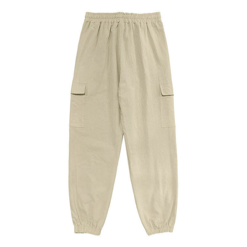 Buddha Stones Solid Color Linen Drawstring Men's Cargo Pants With Pockets - image 23