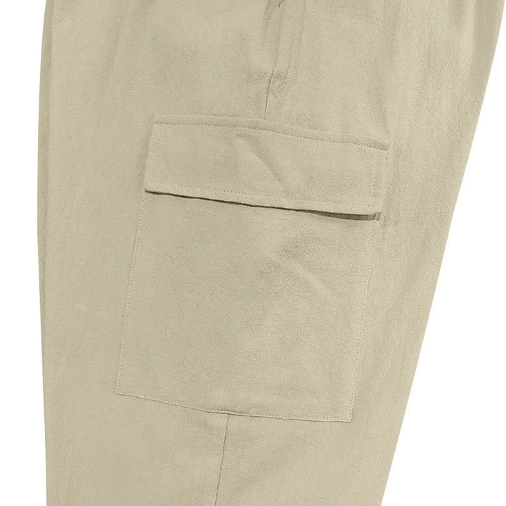 Buddha Stones Solid Color Linen Drawstring Men's Cargo Pants With Pockets - image 25