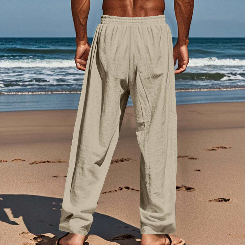 Buddha Stones Solid Color Buttons Drawstring Men's Cotton Pants With Pockets - image 36