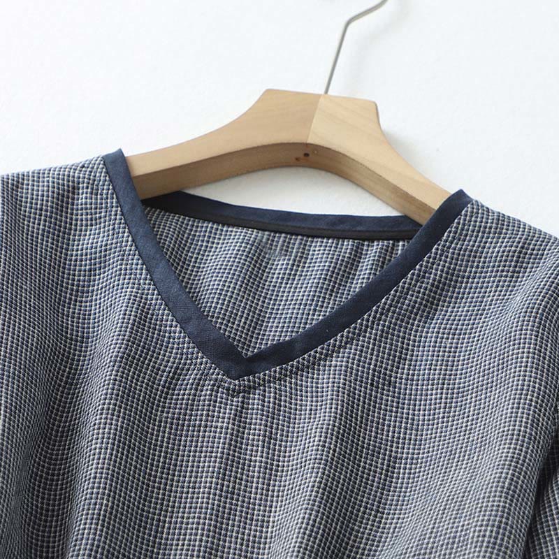 Buddha Stones Commute MidnightBlue Lace-Up Half Sleeve Design Cotton Linen Midi Dress With Pockets - image 3