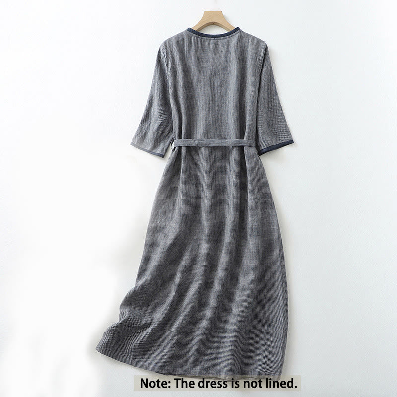Buddha Stones Commute MidnightBlue Lace-Up Half Sleeve Design Cotton Linen Midi Dress With Pockets - image 2