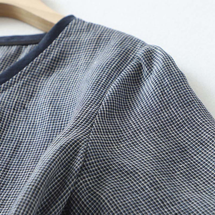 Buddha Stones Commute MidnightBlue Lace-Up Half Sleeve Design Cotton Linen Midi Dress With Pockets - image 5