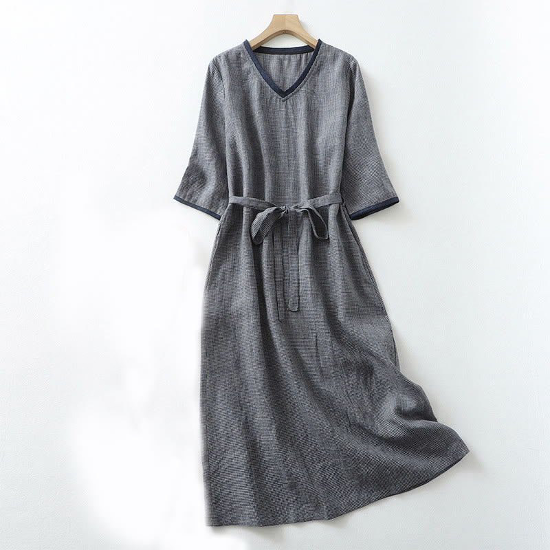 Buddha Stones Commute MidnightBlue Lace-Up Half Sleeve Design Cotton Linen Midi Dress With Pockets - MidnightBlue - US8-10，UK/AU12-14，EU40-42 (2XL) - image 0