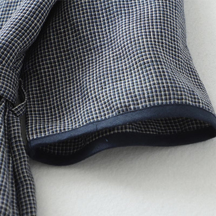 Buddha Stones Commute MidnightBlue Lace-Up Half Sleeve Design Cotton Linen Midi Dress With Pockets - image 6