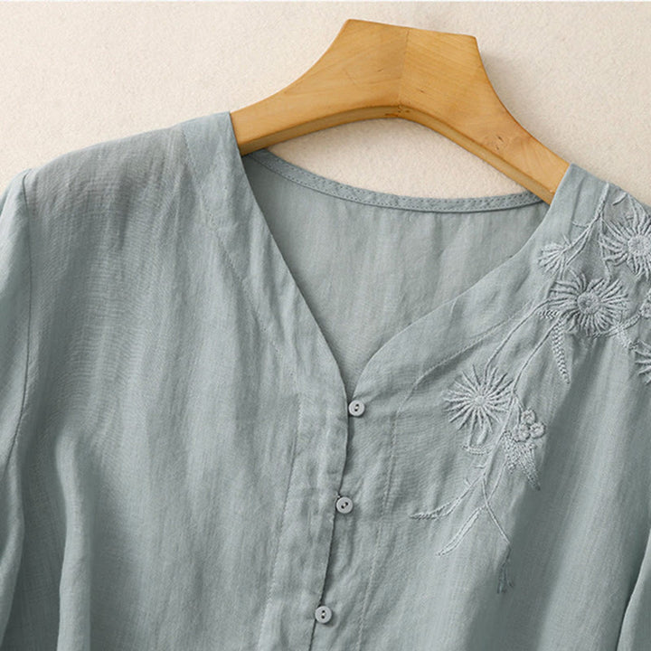 Buddha Stones Embroiderd Front Button Design Women's Cotton Three Quarter Sleeve Shirt  - image 3