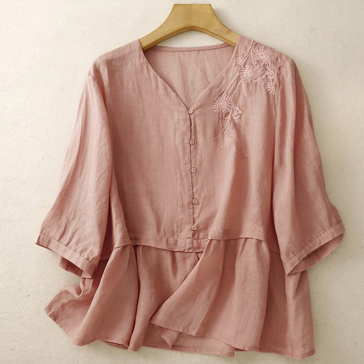 Buddha Stones Embroidered Front Button Design Women's Cotton Three Quarter Sleeve Shirt - image 21