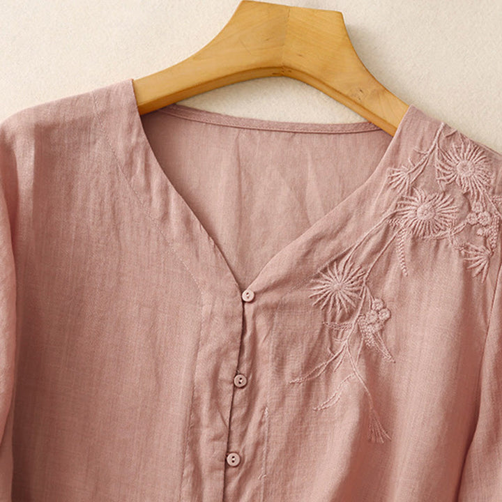 Buddha Stones Embroidered Front Button Design Women's Cotton Three Quarter Sleeve Shirt - image 24