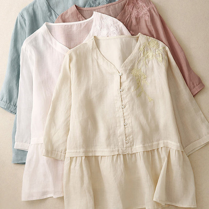 Buddha Stones Embroidered Front Button Design Women's Cotton Three Quarter Sleeve Shirt - image 28