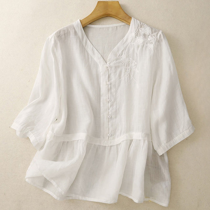 Buddha Stones Embroidered Front Button Design Women's Cotton Three Quarter Sleeve Shirt - image 6