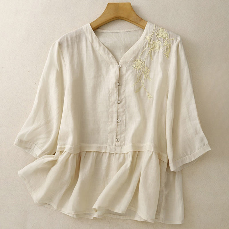 Buddha Stones Embroidered Front Button Design Women's Cotton Three Quarter Sleeve Shirt - image 12