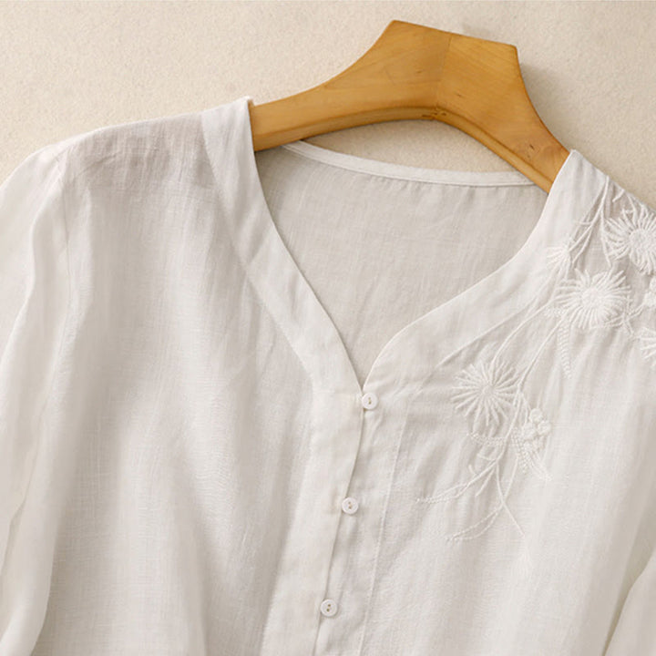 Buddha Stones Embroidered Front Button Design Women's Cotton Three Quarter Sleeve Shirt - image 10