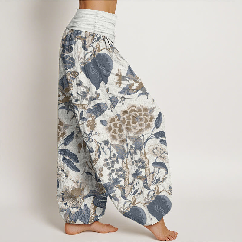 Buddha Stones Pure Cotton Lotus Leaf Peony Pattern Women's Elastic Waist Harem Pants - image 1