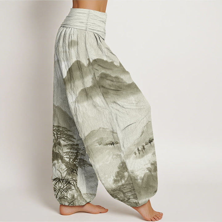 Buddha Stones Pure Cotton Mountains Trees Landscape Ink Painting Women's Elastic Waist Harem Pants - image 9