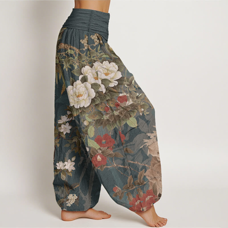 Buddha Stones Pure Cotton Casual Peony Flowers Leaves Magpie Women's Elastic Waist Harem Pants - image 1