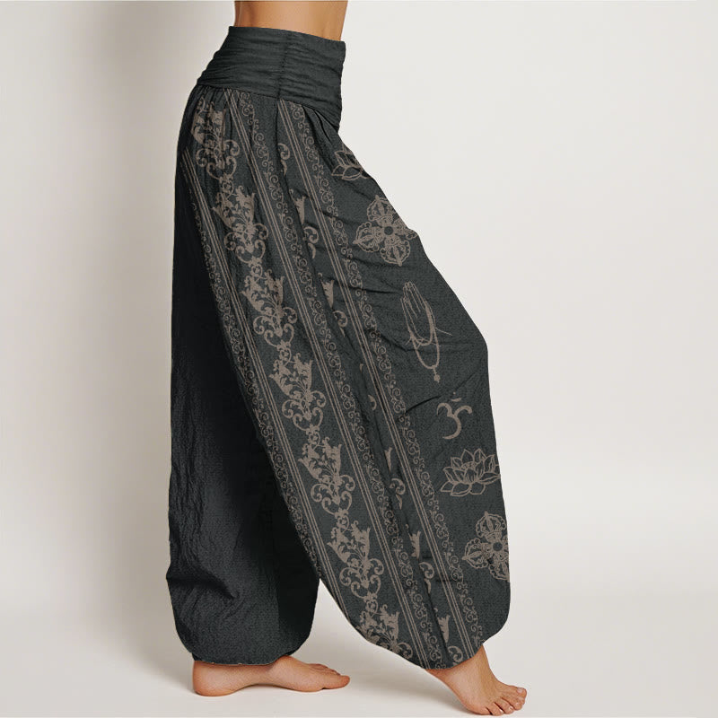 Buddha Stones Pure Cotton Lotus Flowers Double Dorje Vajra Namaste Om Design Women's Elastic Waist Harem Pants - image 2