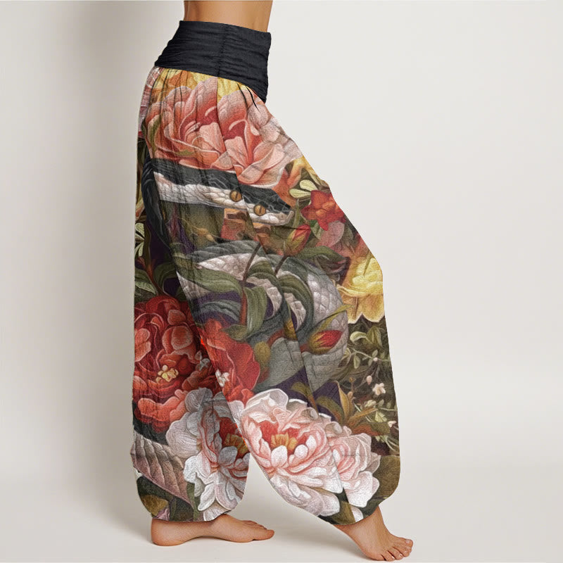 Buddha Stones Pure Cotton Snake Peony Flowers Leaf Pattern Women's Elastic Waist Harem Pants - image 2