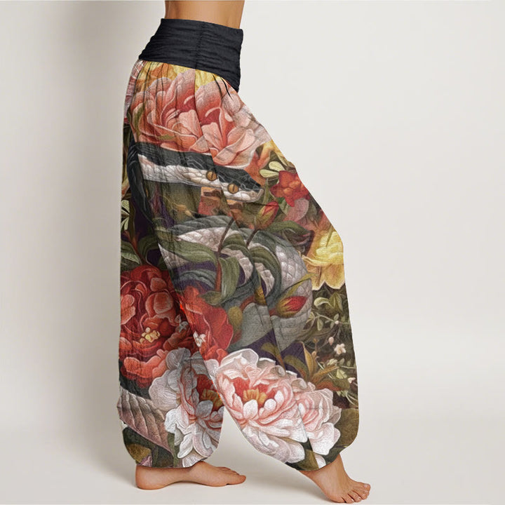 Buddha Stones Pure Cotton Snake Peony Flowers Leaf Pattern Women's Elastic Waist Harem Pants - image 2