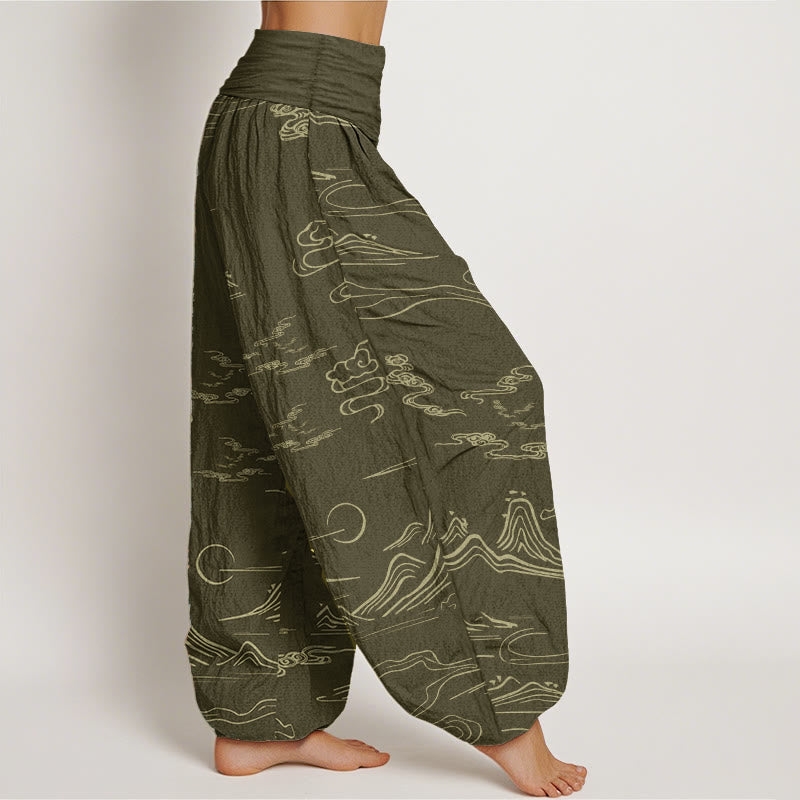 Buddha Stones Pure Cotton Mountain Moon Auspicious Clouds Pattern Women's Elastic Waist Harem Pants - image 7