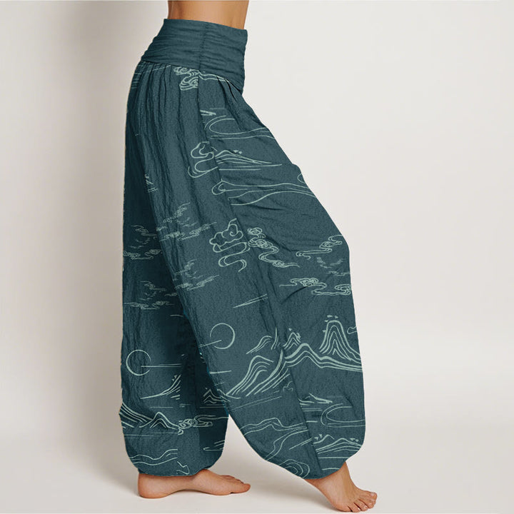 Buddha Stones Pure Cotton Mountain Moon Auspicious Clouds Pattern Women's Elastic Waist Harem Pants - image 16