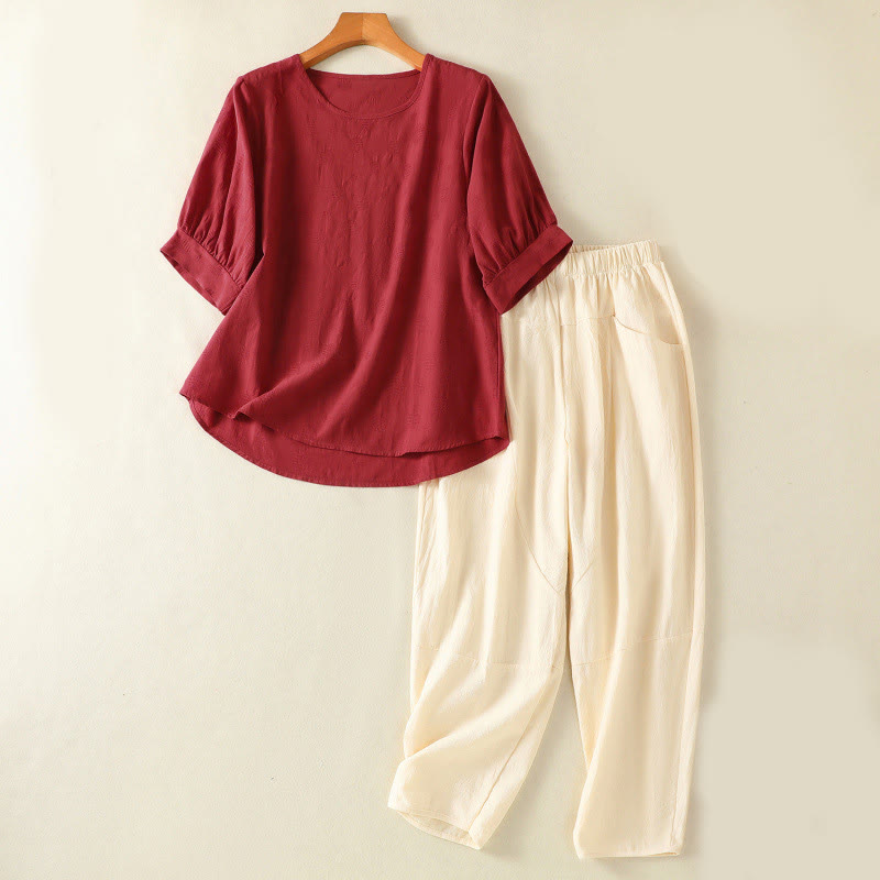 Buddha Stones 2pcs Plain Women's Short Sleeve Shirt Harem Pants Meditation Clothing Set - Brown - US8-10，UK/AU12-14，EU40-42 (2XL) - image 23
