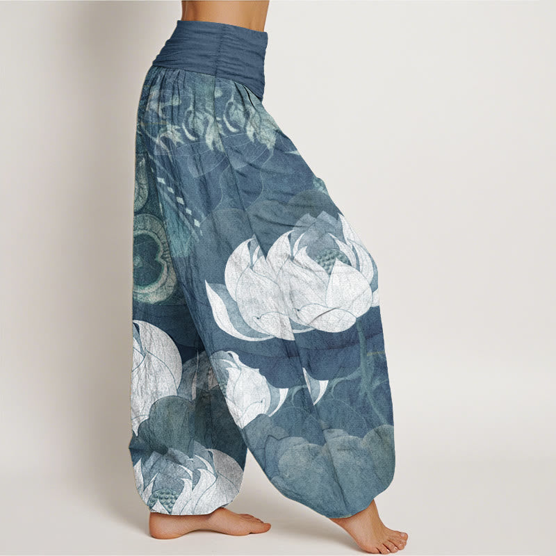 Buddha Stones Pure Cotton White Lotus Leaves Pattern Casual Women's Elastic Waist Harem Pants - image 7