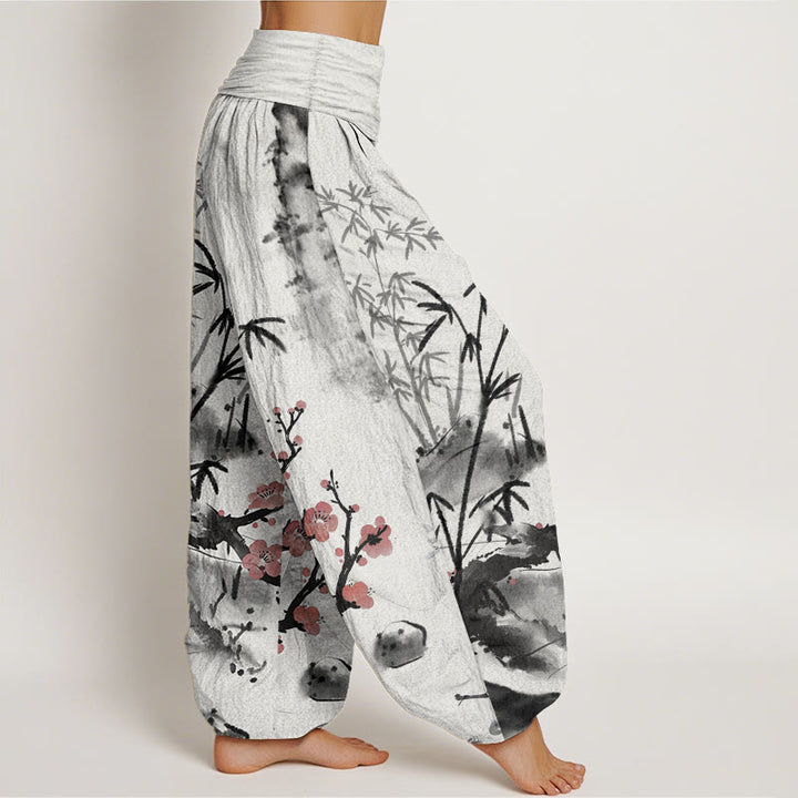 Buddha Stones Pure Cotton Plum Blossoms Bamboo Orchids Chrysanthemums Pattern Women's Elastic Waist Harem Pants - image 2