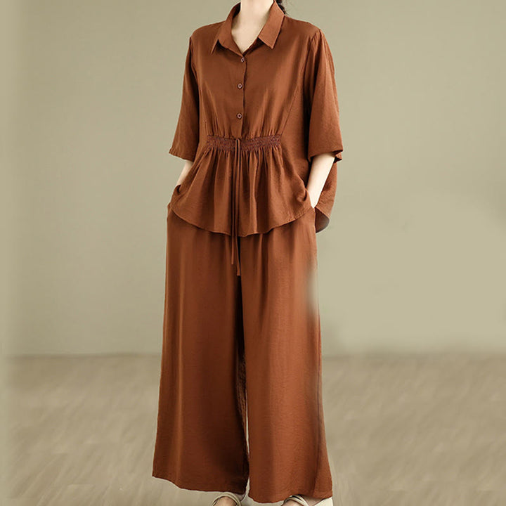 Buddha Stones 2pcs Casual Women's Stand Collar Shirt Loose Pants Meditation Clothing Set - image 1