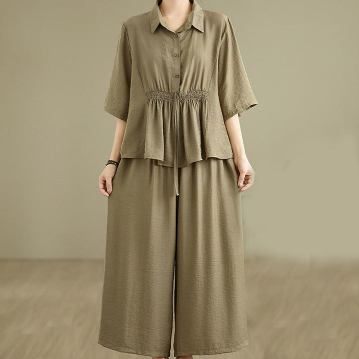 Buddha Stones 2pcs Casual Women's Stand Collar Shirt Loose Pants Meditation Clothing Set - DarkKhaki - US12，UK/AU16，EU44 (2XL) - image 12