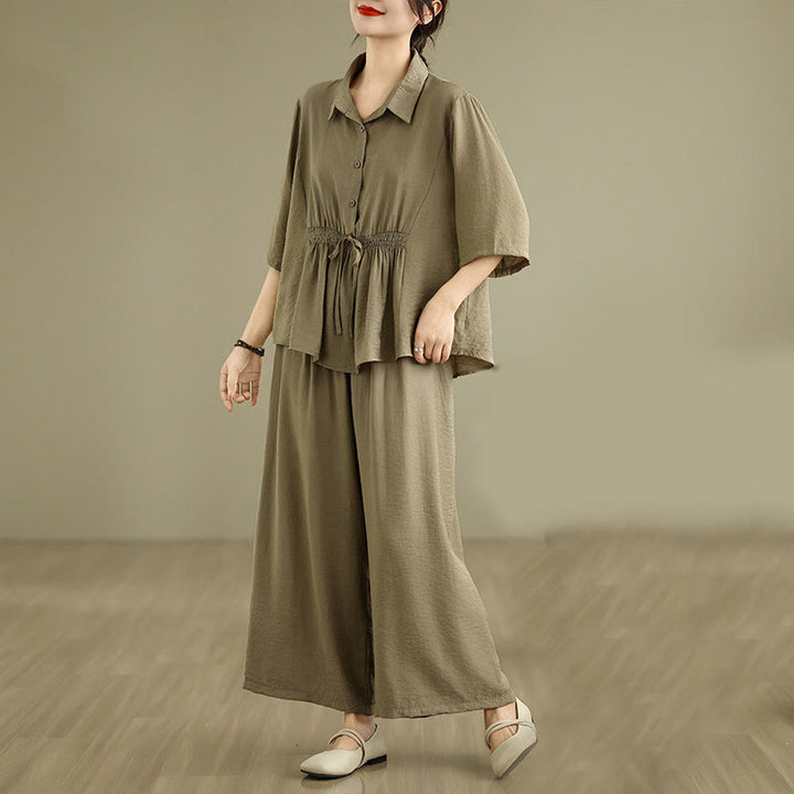 Buddha Stones 2pcs Casual Women's Stand Collar Shirt Loose Pants Meditation Clothing Set - image 15