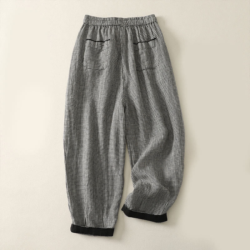 Buddha Stones Plaid Pattern Drawstring Women's Cotton Linen Harem Pants With Pockets - image 1