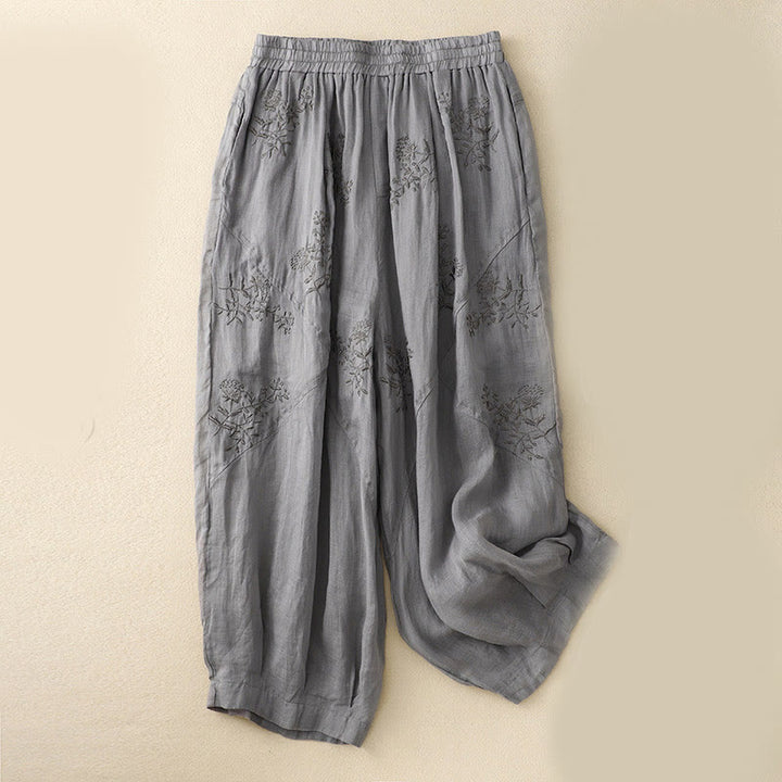Buddha Stones Embroidered Pattern Women's Cotton Linen Harem Pants With Pockets - Gray - US12，UK/AU16，EU44 (3XL) - image 0