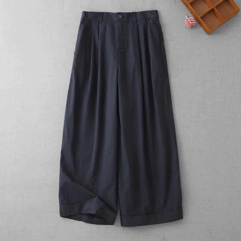 Buddha Stones Casual Plain High Waist Women's Polyester 7-8 Length Wide Leg Pants With Pockets - MidnightBlue - US14，UK/AU18，EU46 (2XL) - image 0